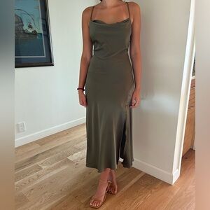 Olive Satin Midi Dress. Astr the Label. Size small. Price: 45 plus shipping